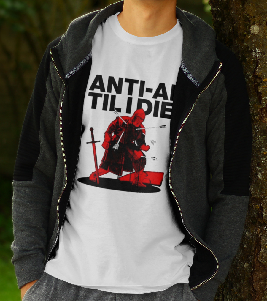 ANTI AI TIL I DIE Medieval Warrior Kneeling With Sword And Arrows T-Shirt