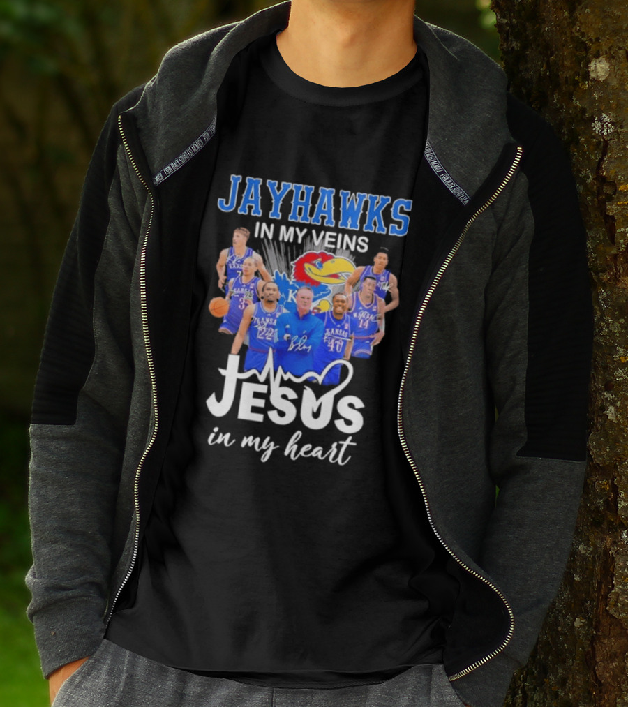 Jayhawks In My Veins Jesus In My Heart Kansas Basketball Coach Bill Self Players T-Shirt