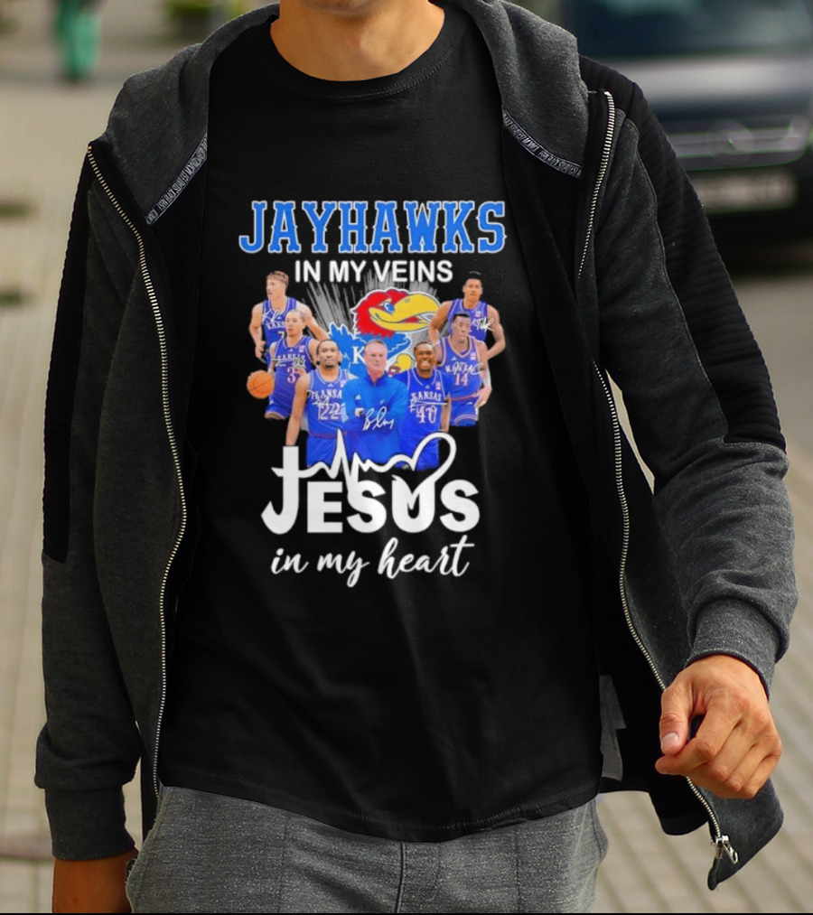 Jayhawks In My Veins Jesus In My Heart Kansas Basketball Coach Bill Self Players T-Shirt