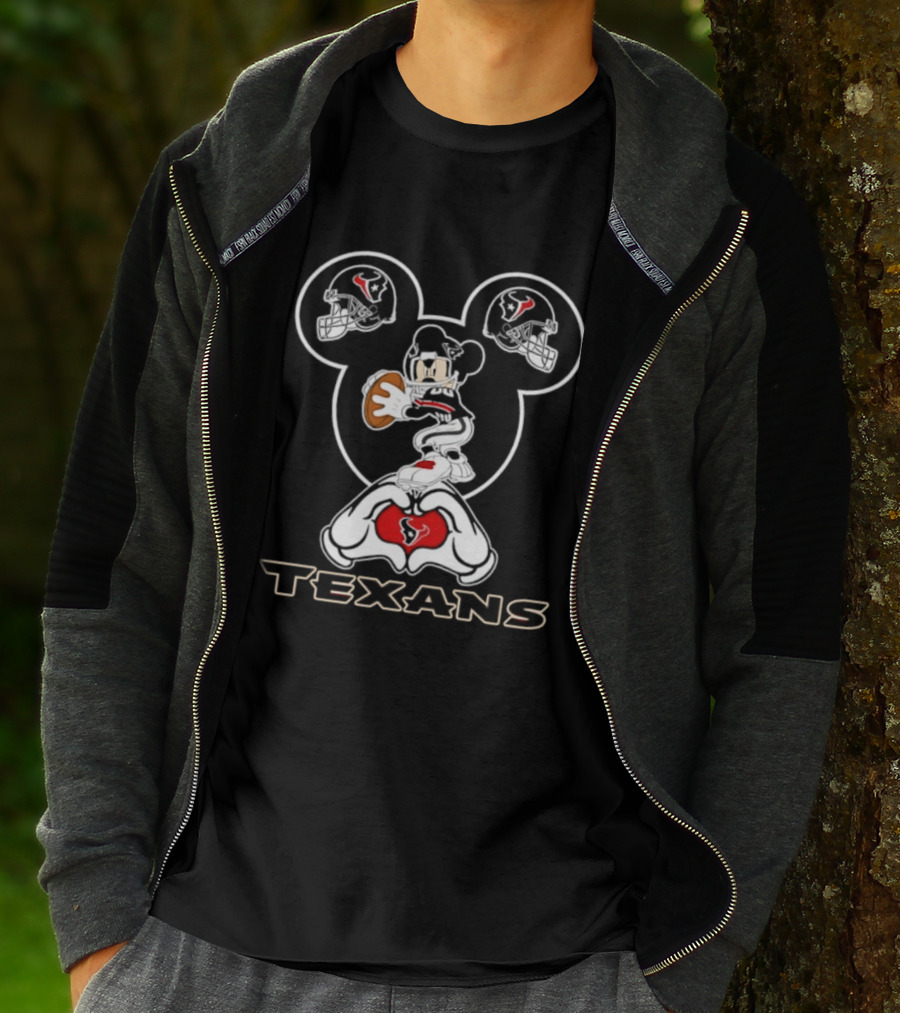 Houston Texans Mickey Mouse Heart Hands Football T-Shirt