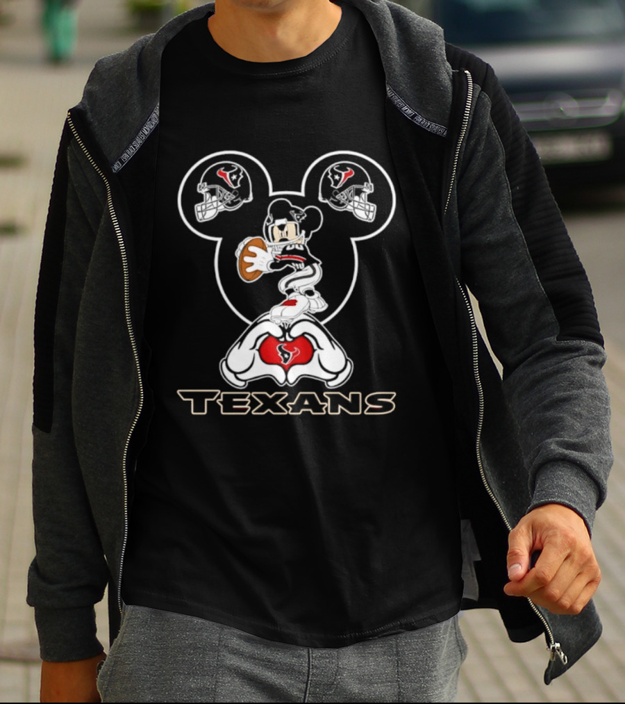 Houston Texans Mickey Mouse Heart Hands Football T-Shirt