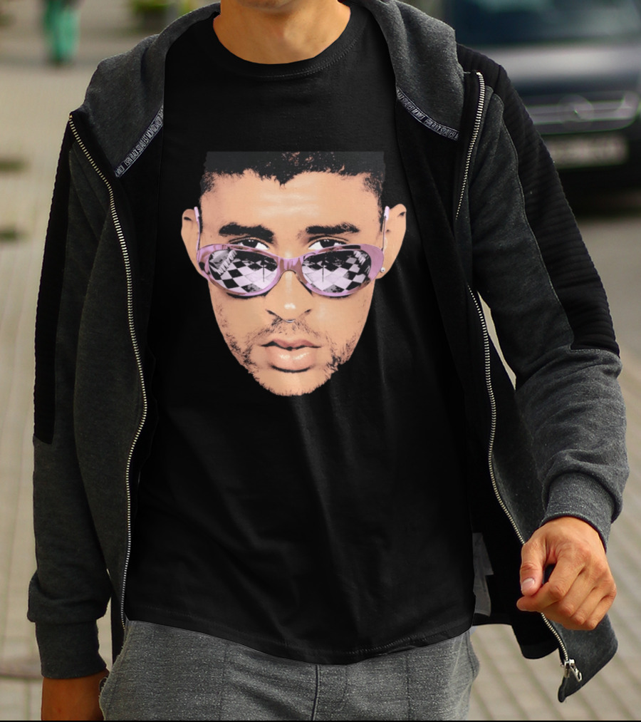 Bad Bunny Big Face Pastel Sunglasses Checkered T-Shirt