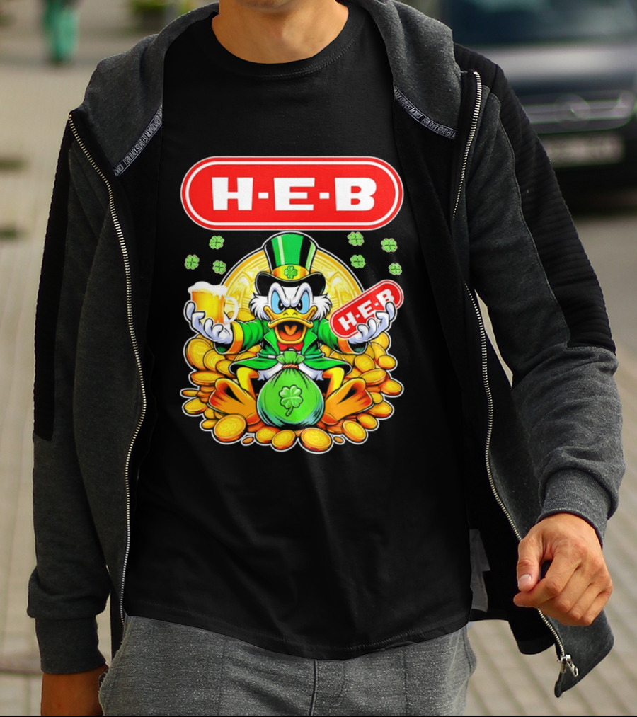 H E B St Patricks Day Scrooge McDuck Coins And Clover Hat T-Shirt