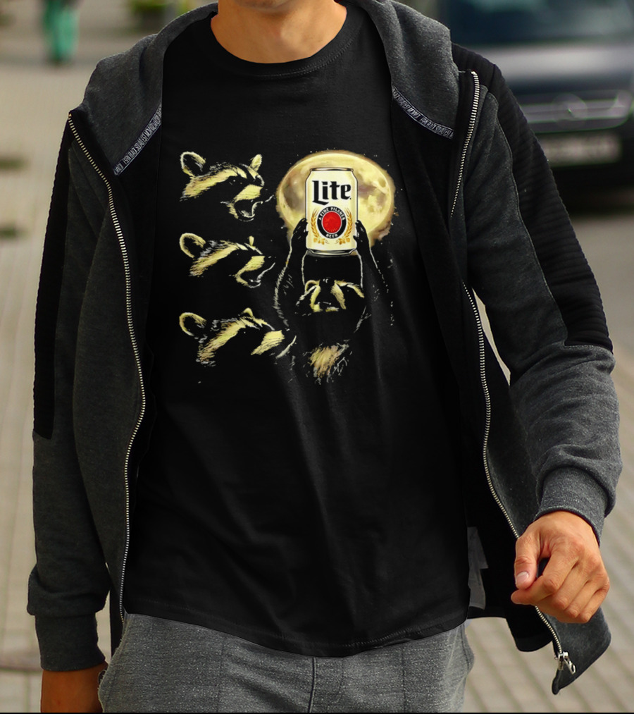 Moon Raccoon Lite Beer Can In Full Moonlight T-Shirt