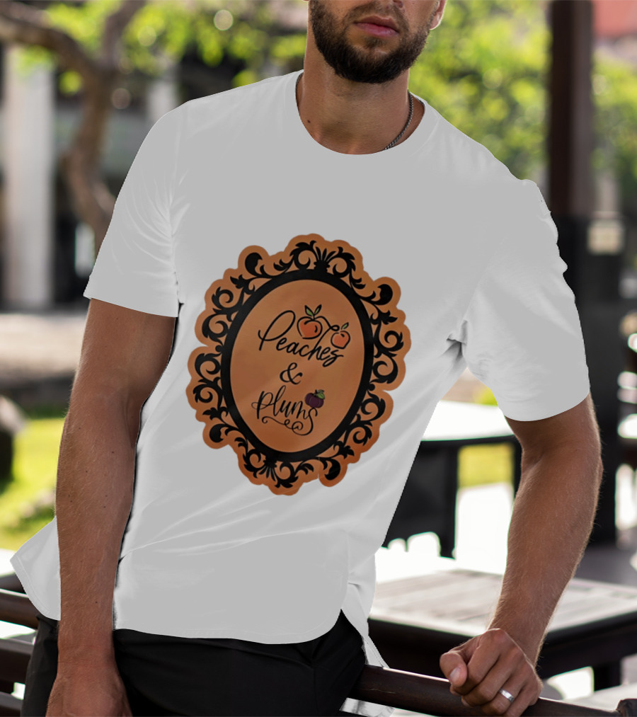 Peaches And Plums Ornate Black Floral Oval Frame T-Shirt