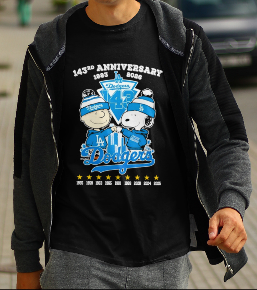 Los Angeles Dodgers 143rd Anniversary 1883 2026 Charlie Brown Snoopy Fist Bump T-Shirt