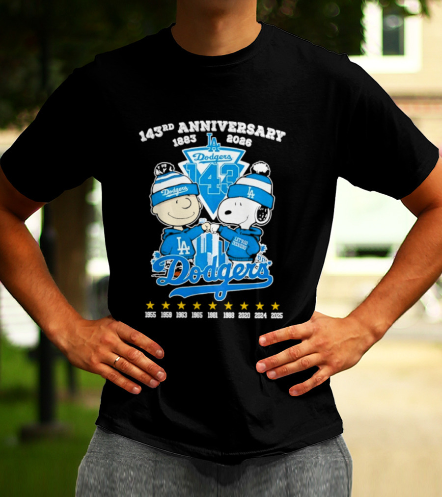 Los Angeles Dodgers 143rd Anniversary 1883 2026 Charlie Brown Snoopy Fist Bump T-Shirt