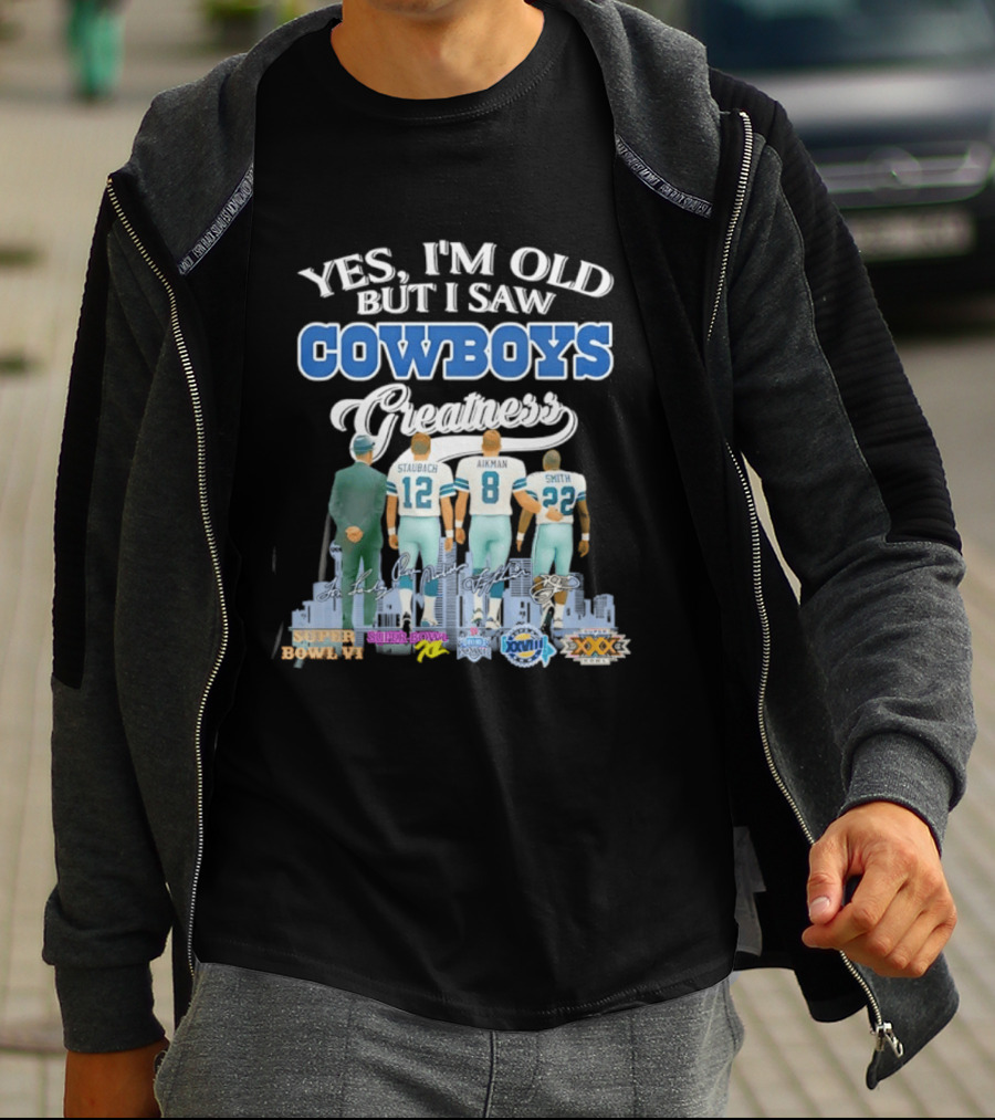 Dallas Cowboys Legends Staubach Aikman Smith Skyline Super Bowl Wins T-Shirt
