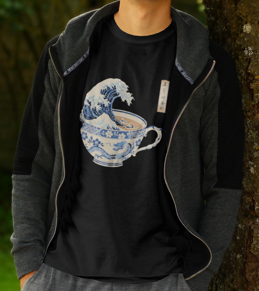 The Great Kanagawa Tea Cup Ukiyo E Wave Meets Dragon Porcelain T-Shirt