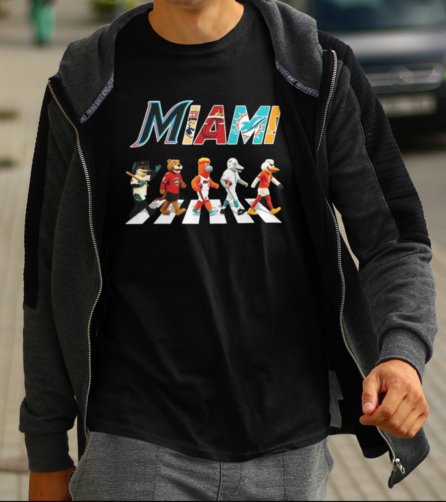 Miami Marlins Panthers Heat Dolphins Hurricanes Mascots Crosswalk T-Shirt