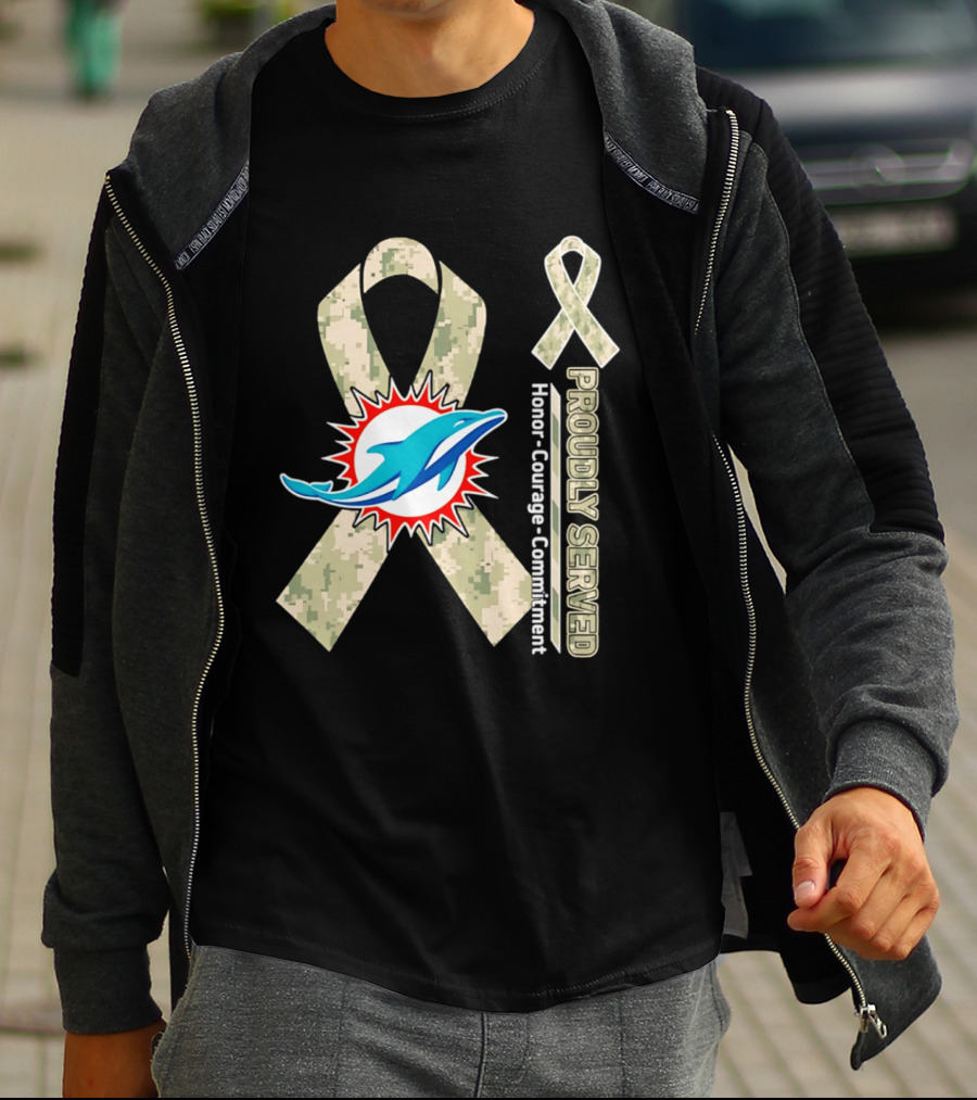 Miami Dolphins Proudly Served Camouflage Ribbon Honor Courage Commitment T-Shirt