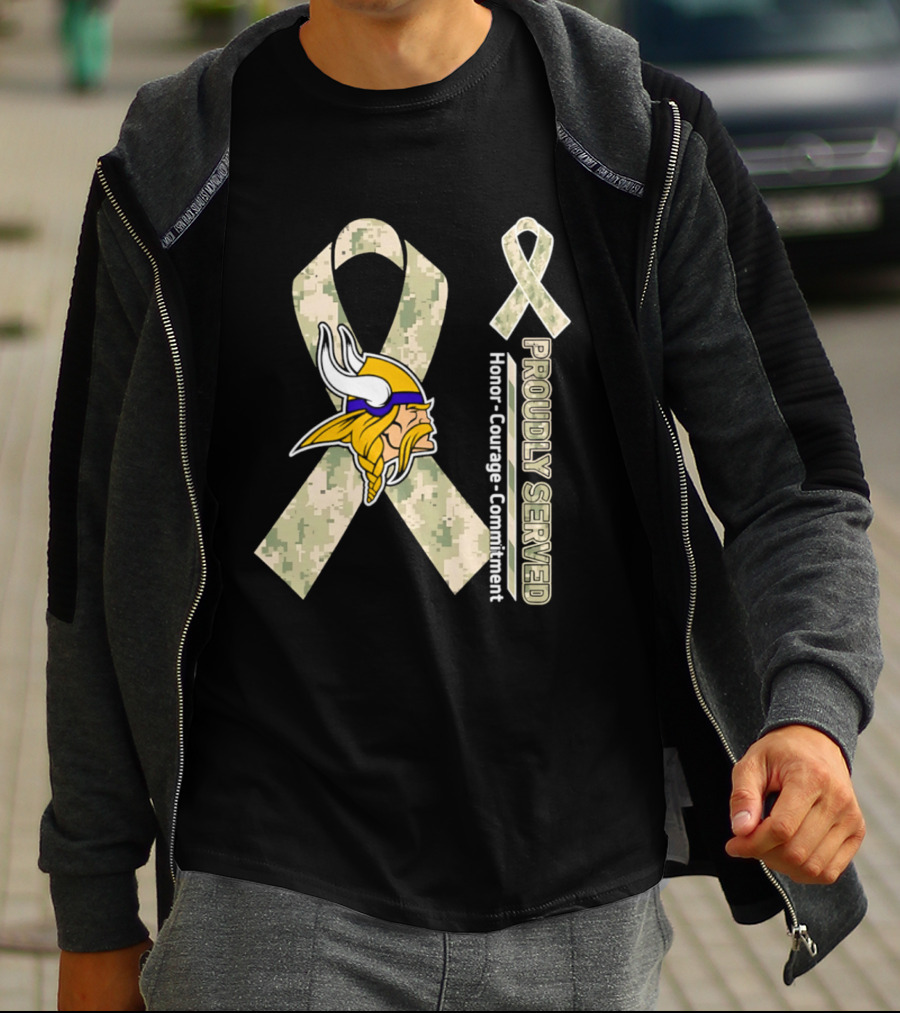 Minnesota Vikings Proudly Served Honor Courage Commitment Camouflage Ribbon T-Shirt