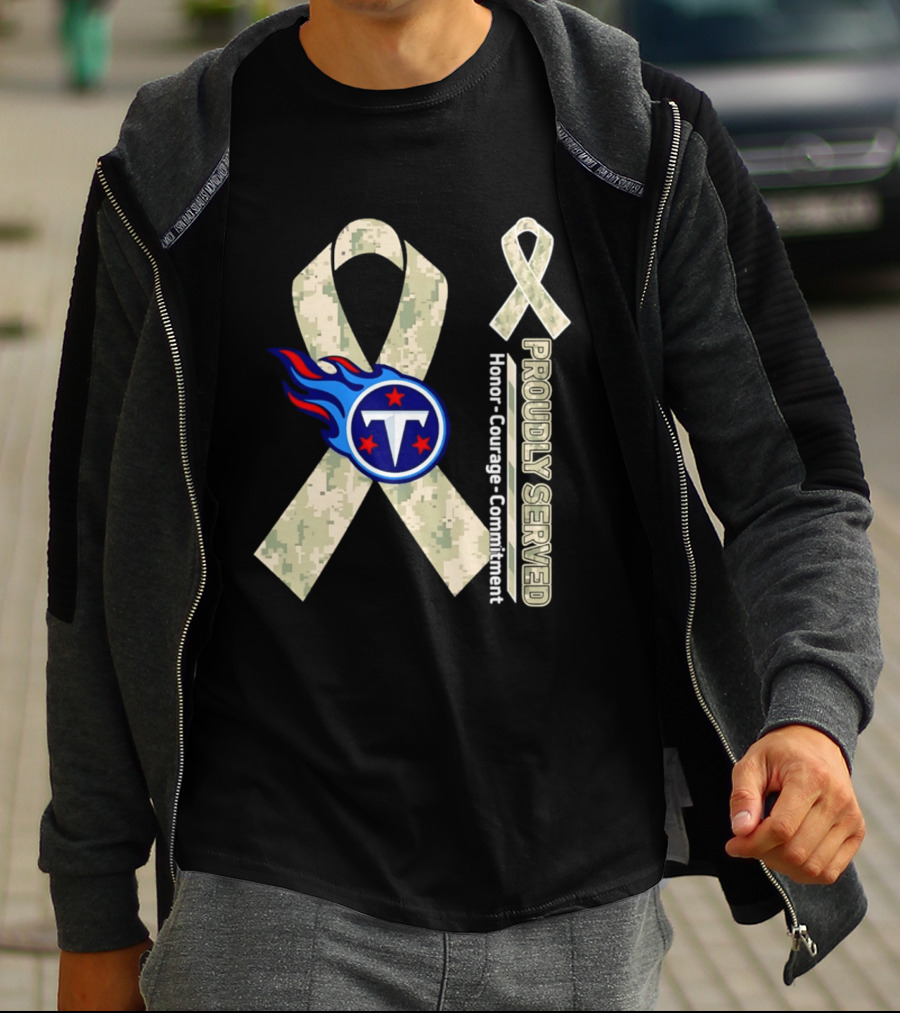 Tennessee Titans Proudly Served Camouflage Ribbon Honor Courage Commitment T-Shirt