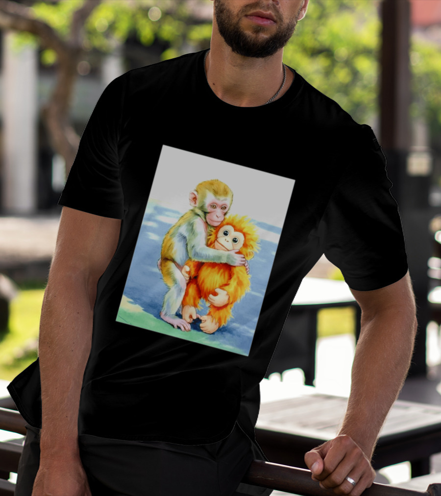 Adorable Monkey Cuddling Orange Plush Toy Scene T-Shirt