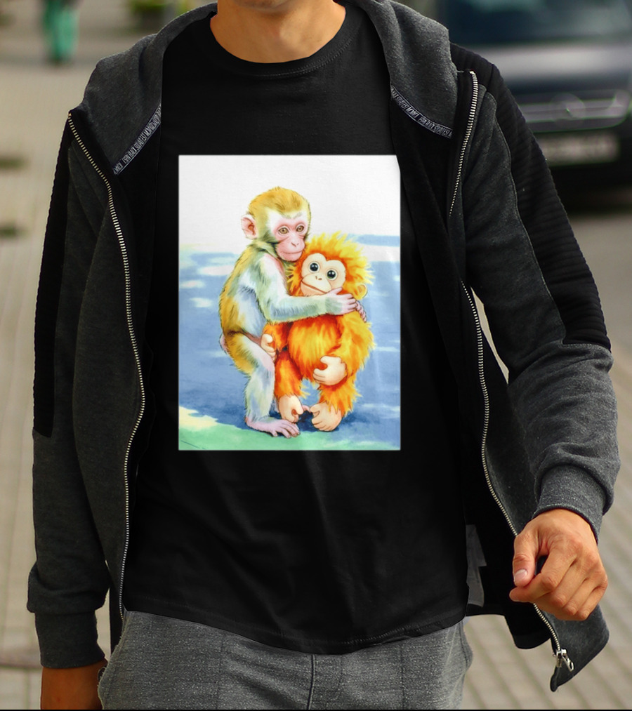 Adorable Monkey Cuddling Orange Plush Toy Scene T-Shirt