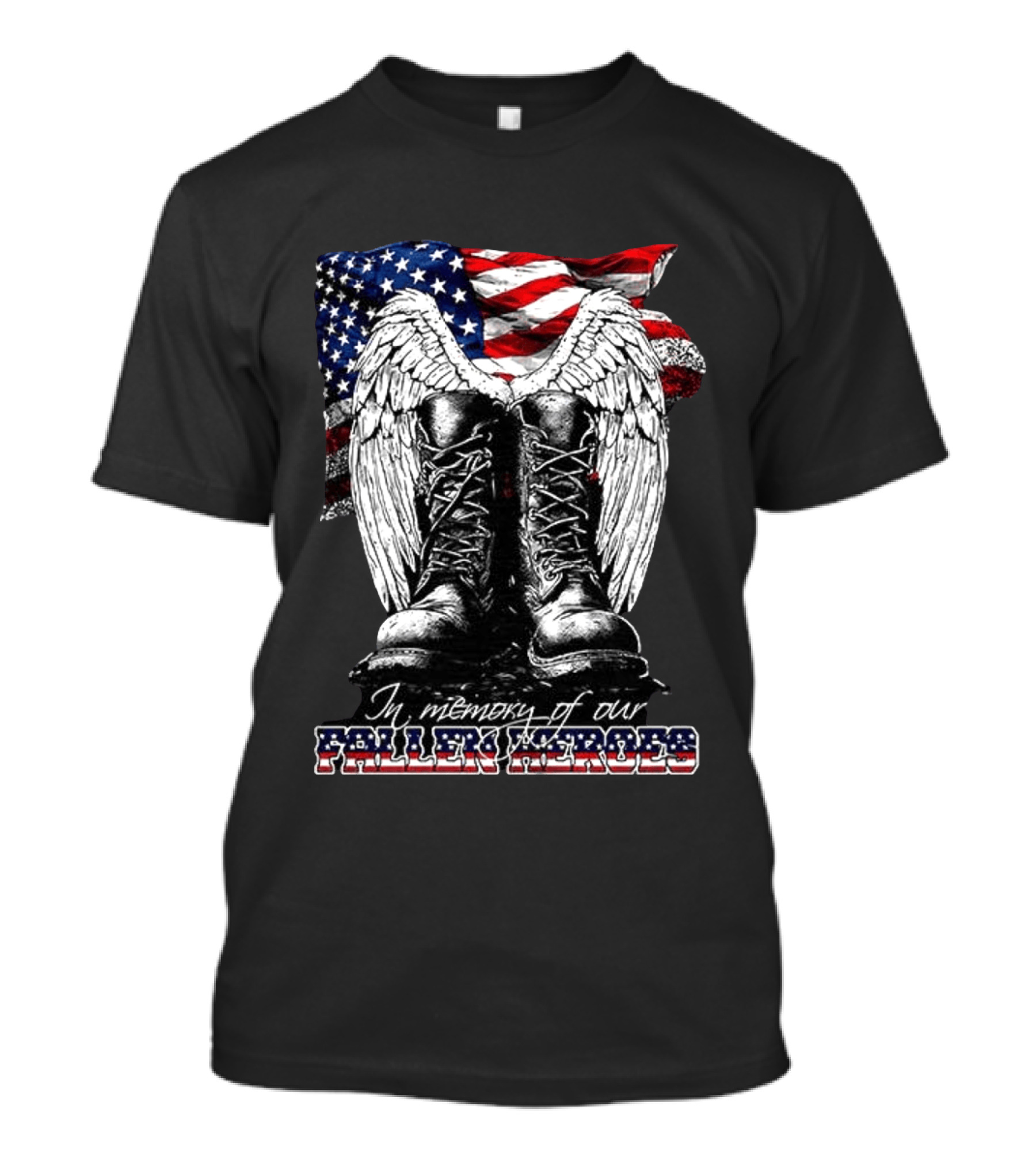 Hero's In The Sky In Memory Of Our Fallen Heroes American Flag Boots And Wings T-Shirt