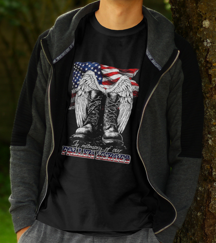 Hero's In The Sky In Memory Of Our Fallen Heroes American Flag Boots And Wings T-Shirt