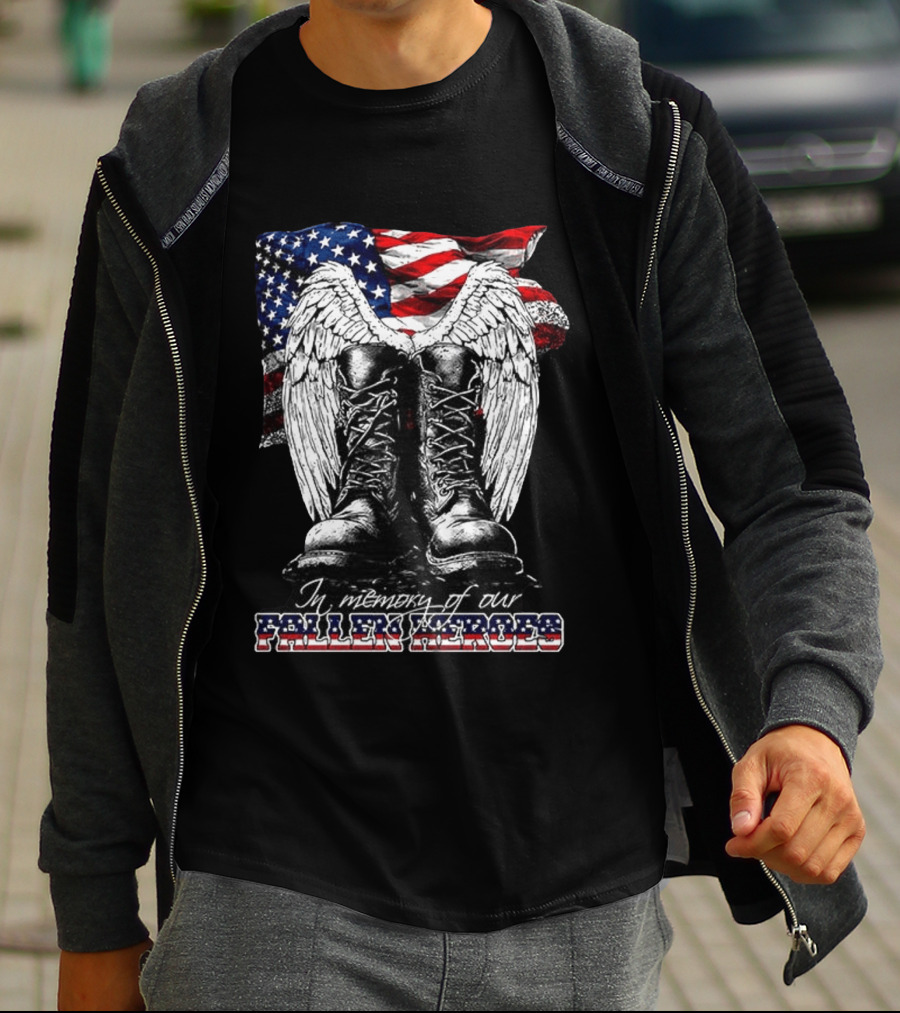 Hero's In The Sky In Memory Of Our Fallen Heroes American Flag Boots And Wings T-Shirt