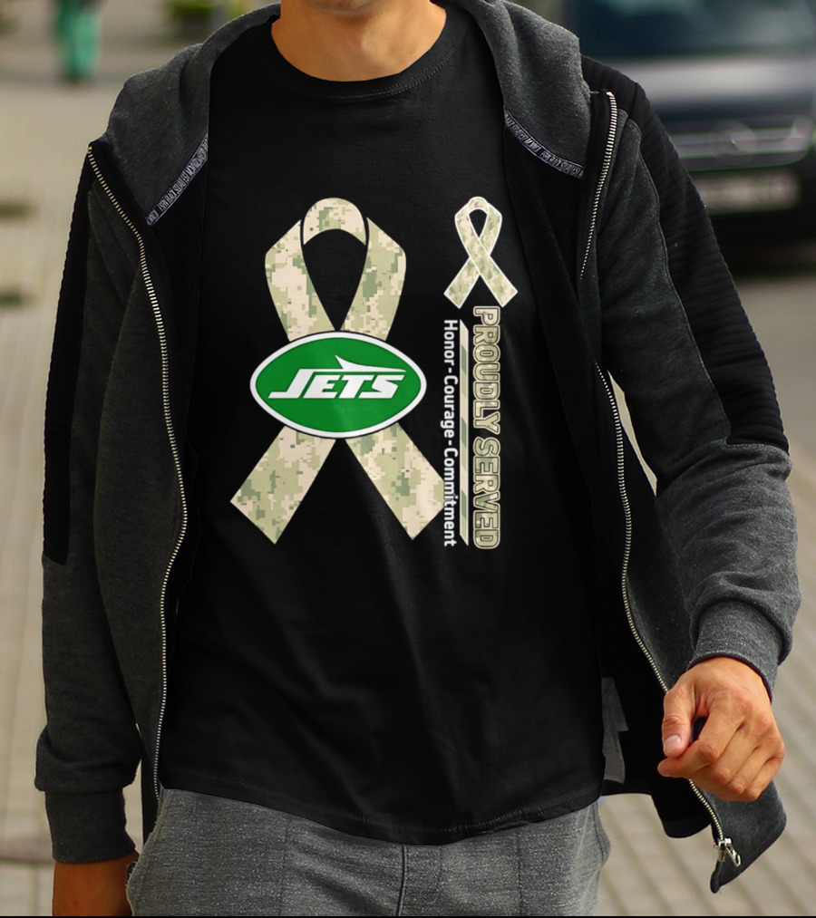 New York Jets Camo Ribbon Proudly Served Honor Courage Commitment T-Shirt