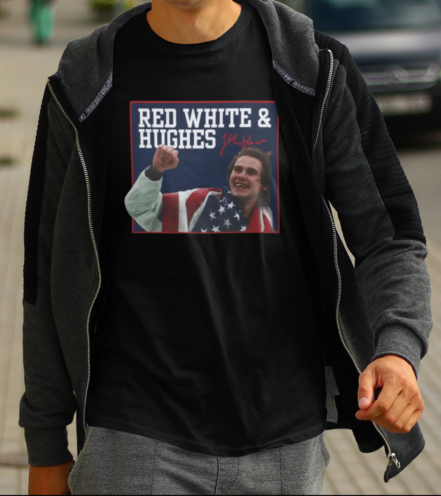 Red White And Hughes With Autograph And USA Flag T-Shirt