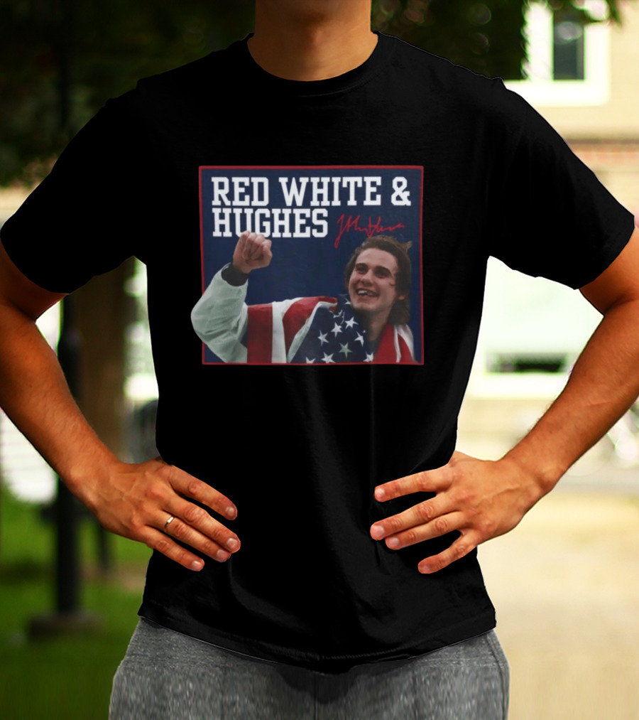 Red White And Hughes With Autograph And USA Flag T-Shirt