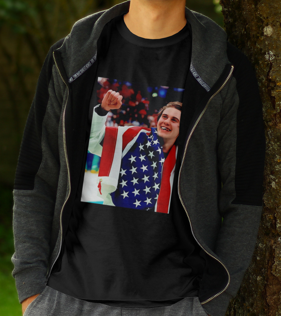 Jack Hughes Celebrating Team USA Hockey Star Spangled Moment T-Shirt
