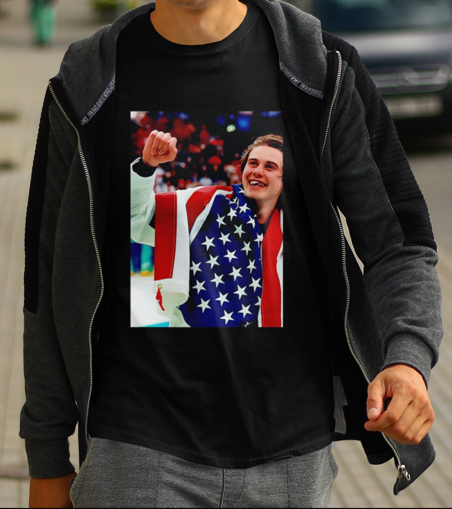 Jack Hughes Celebrating Team USA Hockey Star Spangled Moment T-Shirt