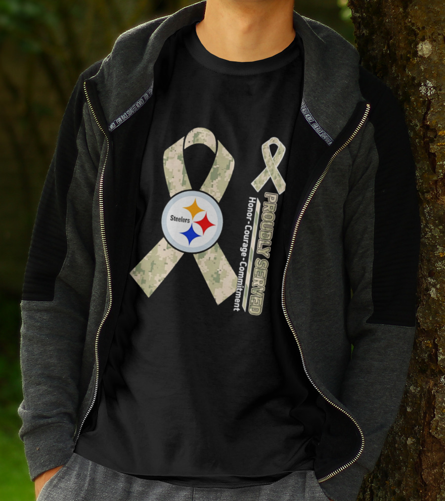 Pittsburgh Steelers Camouflage Ribbon Proudly Served Honor Courage Commitment T-Shirt