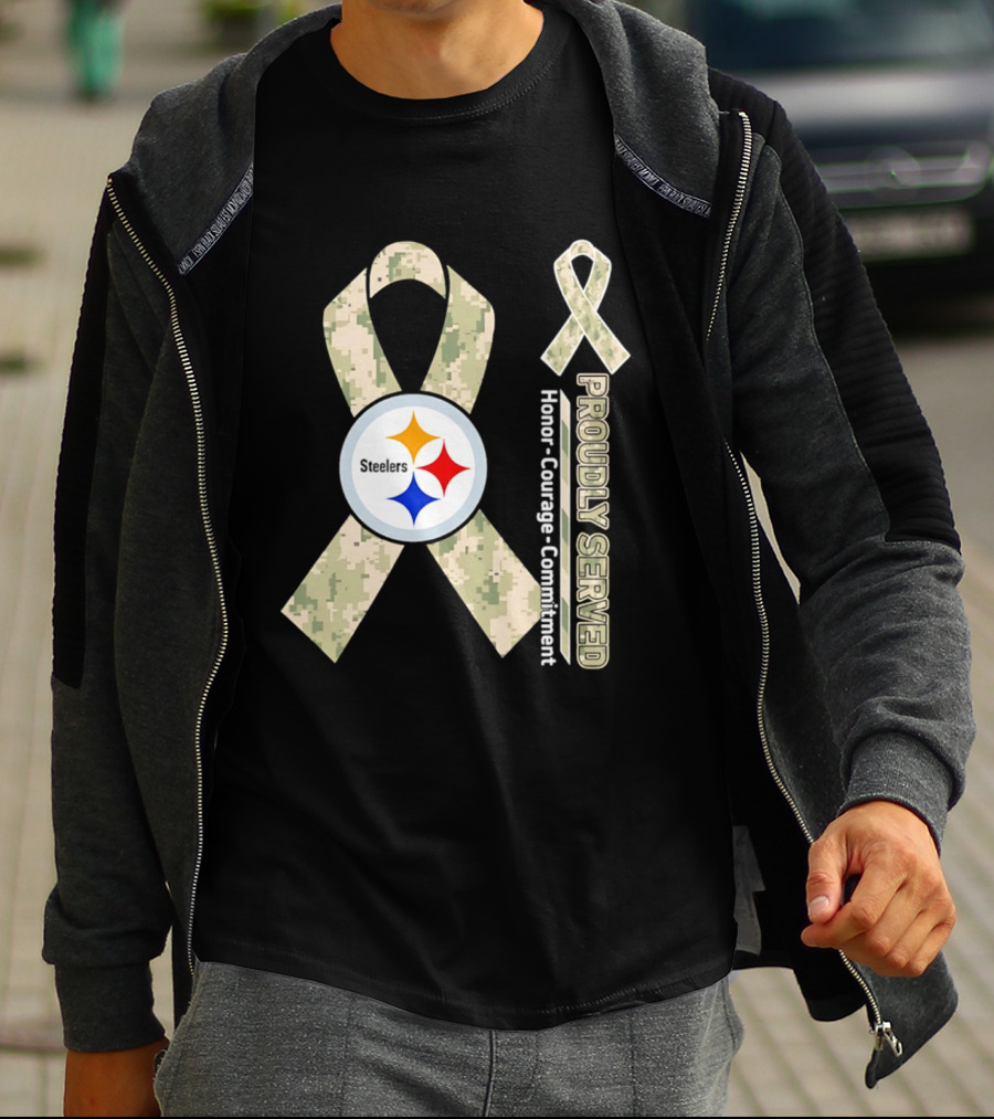Pittsburgh Steelers Camouflage Ribbon Proudly Served Honor Courage Commitment T-Shirt