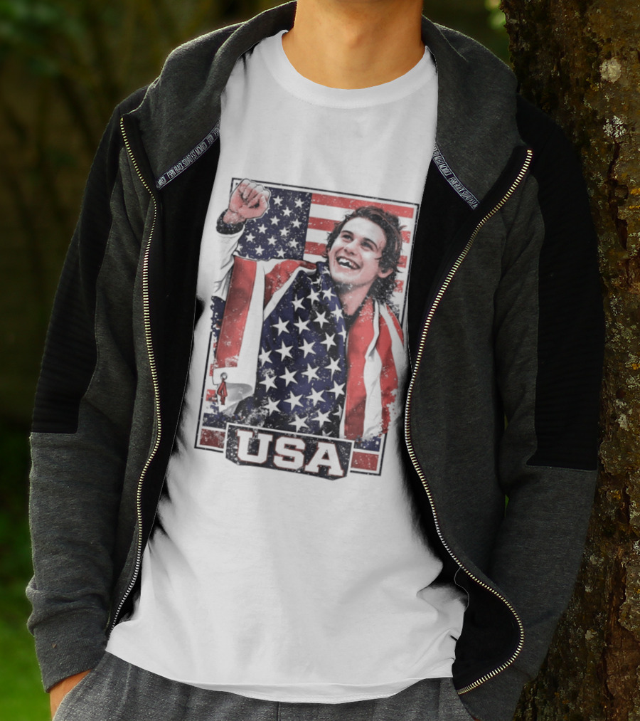 Jack Hughes USA Gold Medal Milano Cortina 2026 American Flag Hockey T-Shirt