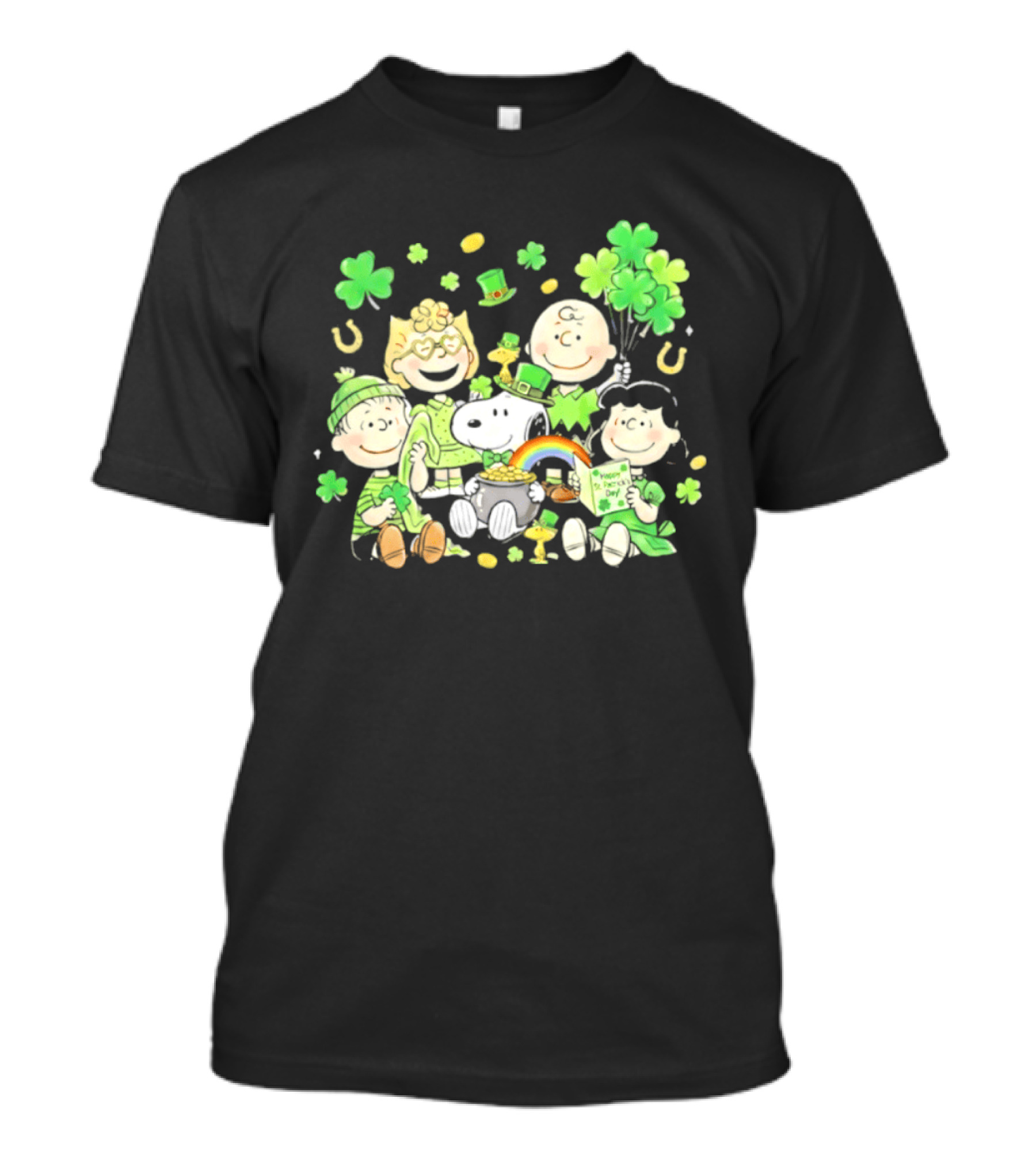 St. Patrick's Day Peanuts Snoopy And Friends With Shamrocks Horseshoes And Rainbow T-Shirt