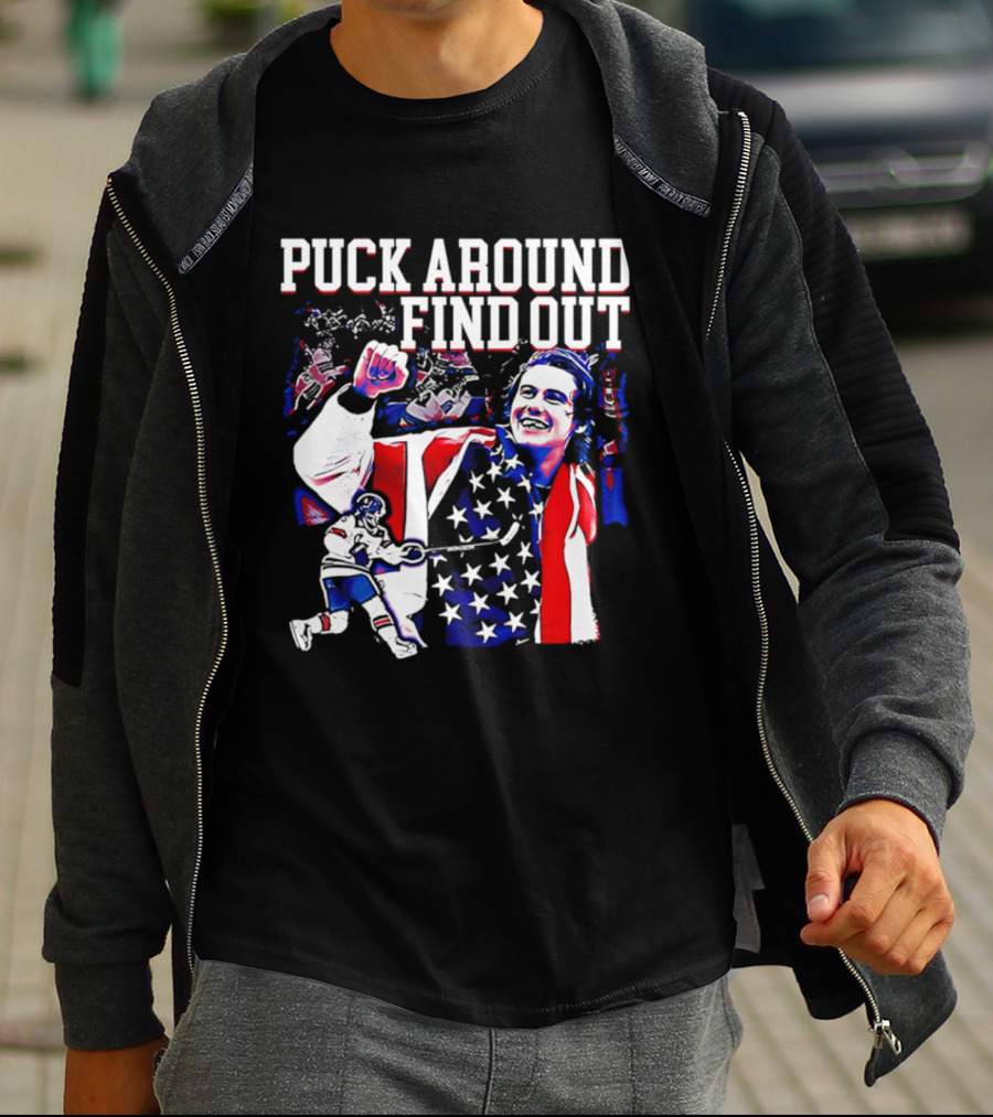 Puck Around Find Out Jack Hughes USA Hockey American Flag Celebration T-Shirt