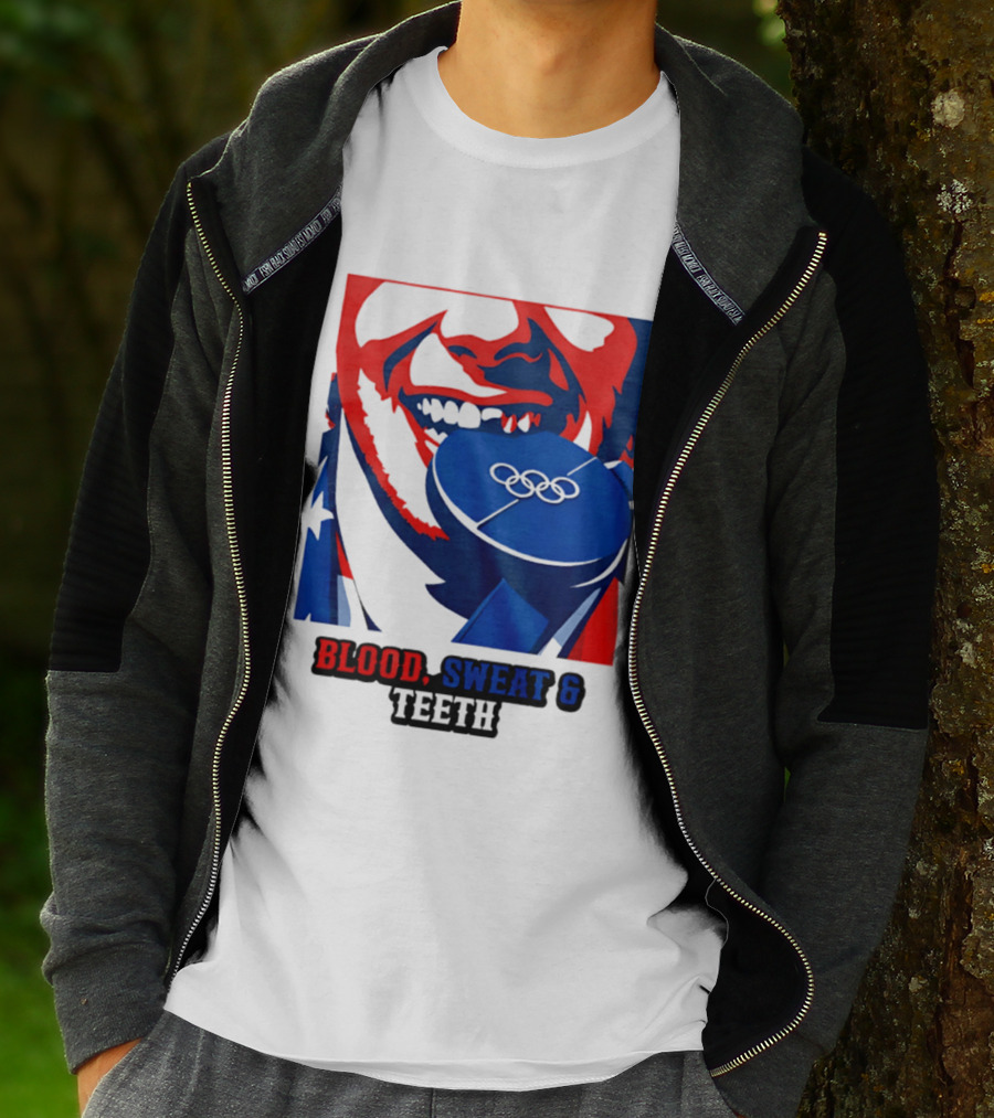 Blood Sweat Teeth Jack Hughes USA Olympic Hockey Gold Medal Champs T-Shirt