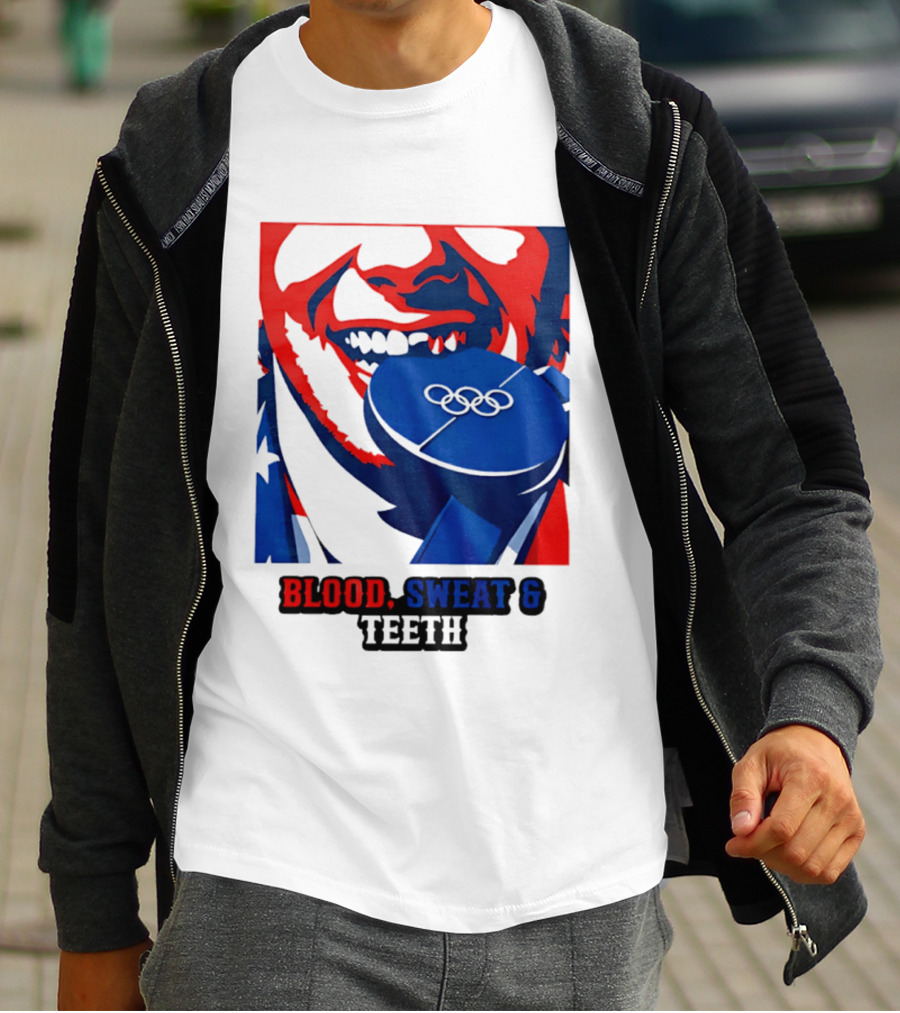 Blood Sweat Teeth Jack Hughes USA Olympic Hockey Gold Medal Champs T-Shirt