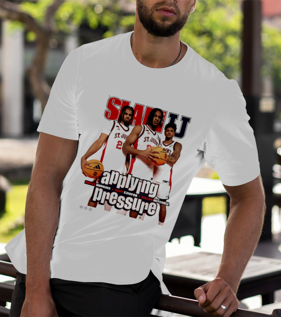 St. John's Red Storm SlamU Applying Pressure Bryce Hopkins Zuby Ejiofor Dillon Mitchell T-Shirt