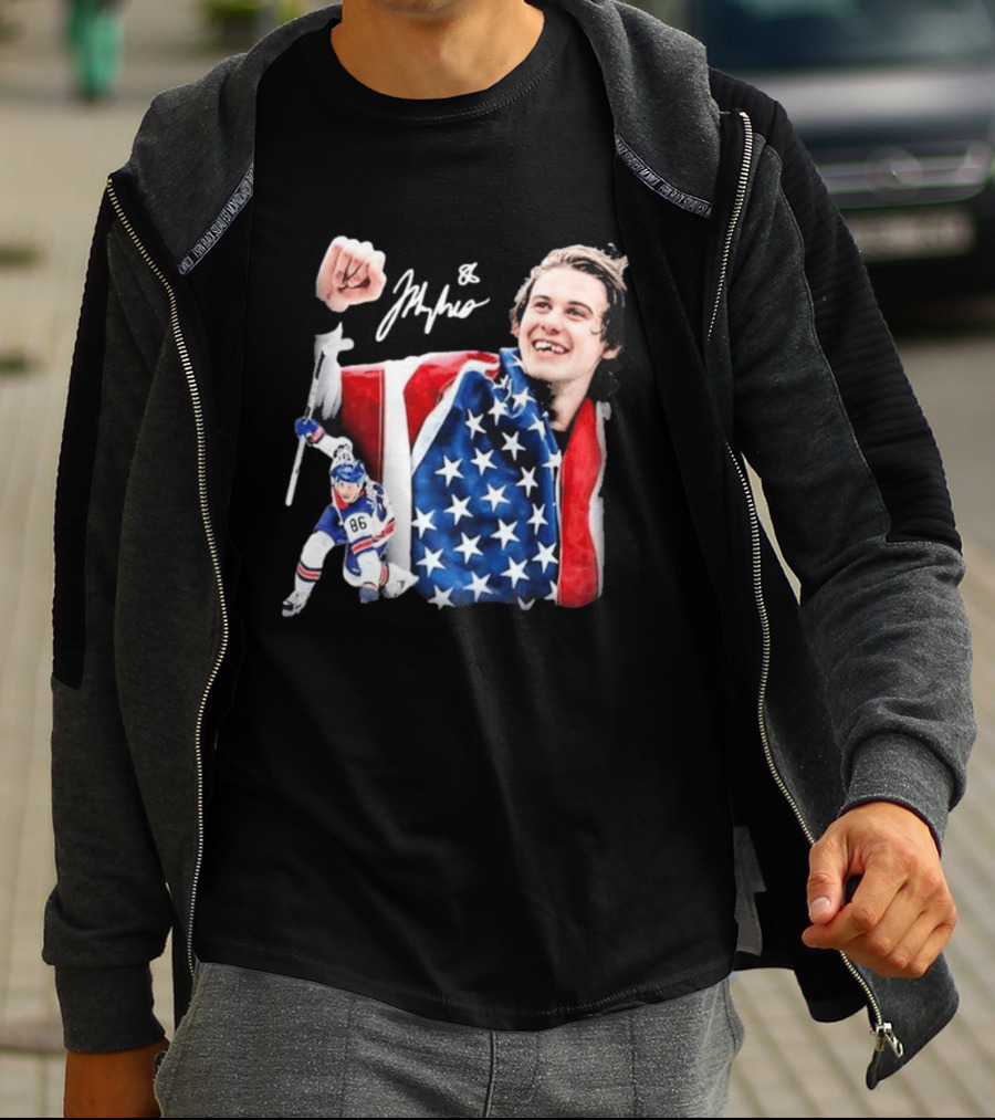 Jack Hughes USA Hockey Golden Goal Celebration T-Shirt