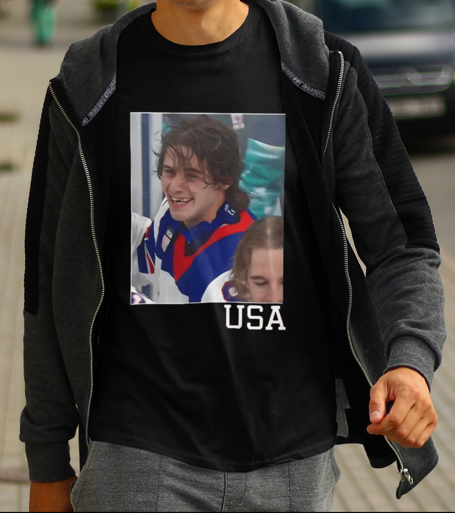 Jack Hughes 2026 Winter Olympic Team USA Smile Hockey T-Shirt