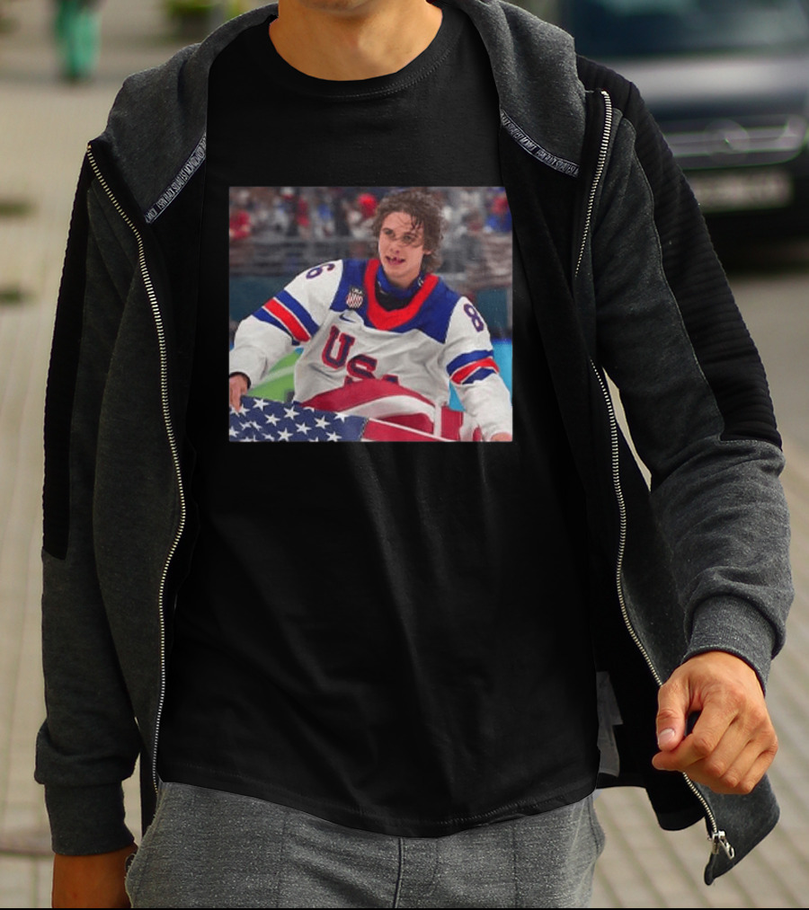USA Hockey Jack Hughes Team 86 American Flag T-Shirt