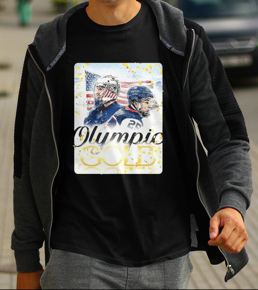 Olympic Winter Games USA Jeremy Swayman Charlie McAvoy Olympic Gold T-Shirt