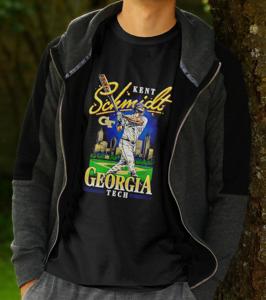 Kent Schmidt Georgia Tech Baseball Hot Dog Bat Skyline T-Shirt
