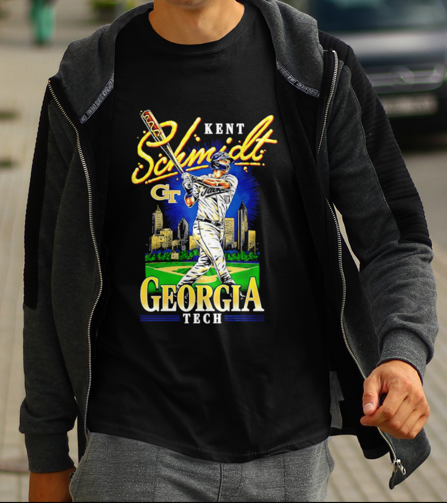 Kent Schmidt Georgia Tech Baseball Hot Dog Bat Skyline T-Shirt