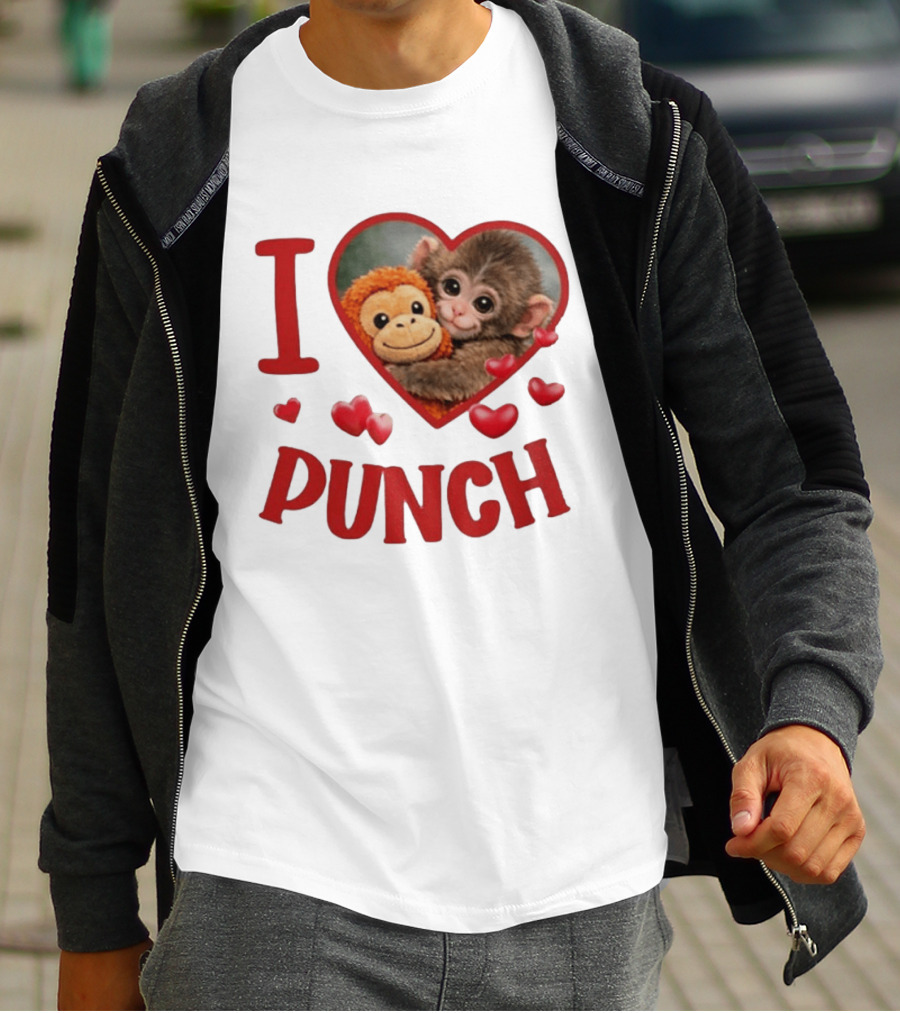 I Love Punch Heart Cute Monkey Hugging Furry Friend T-Shirt