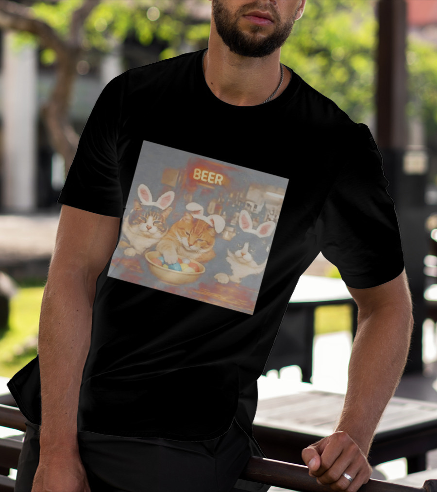 Beer Cat Trio Bunny Ears With Easter Eggs T-Shirt