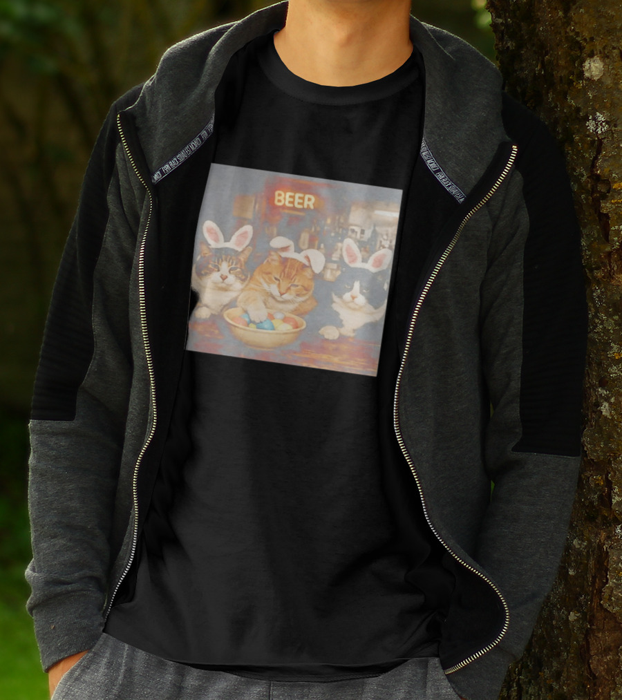 Beer Cat Trio Bunny Ears With Easter Eggs T-Shirt