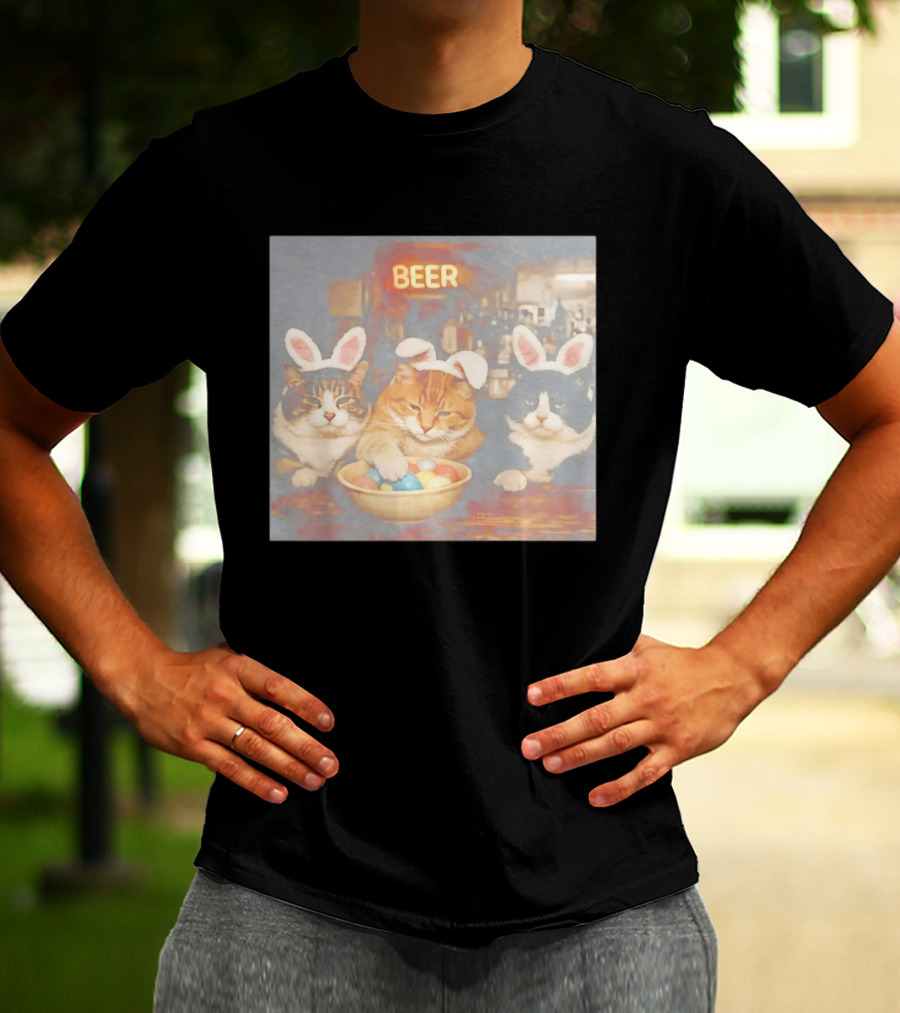 Beer Cat Trio Bunny Ears With Easter Eggs T-Shirt