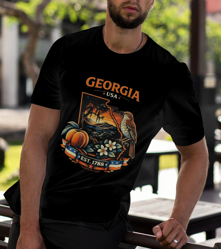 Georgia USA Established 1788 Peach Bird Landscape T-Shirt