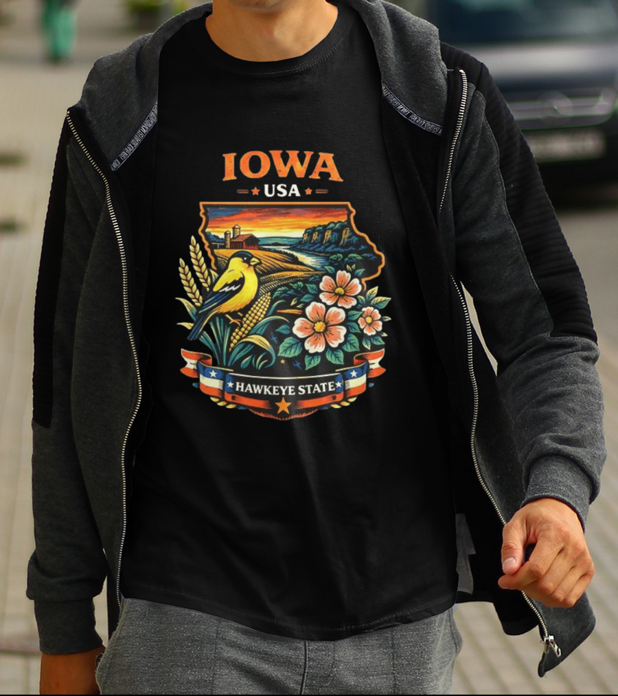 Iowa USA Hawkeye State Scenic Landscape With Bird And Flowers T-Shirt