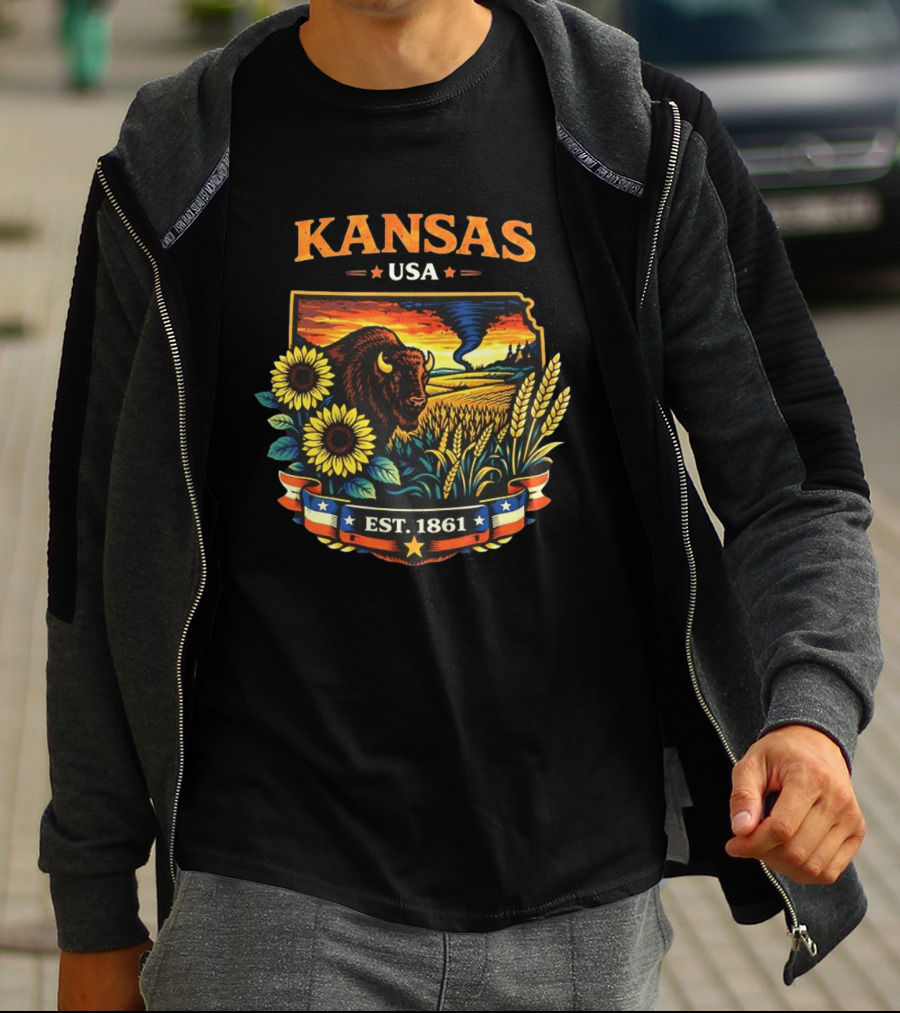Kansas USA Buffalo Sunflowers Wheat Tornado Est 1861 T-Shirt