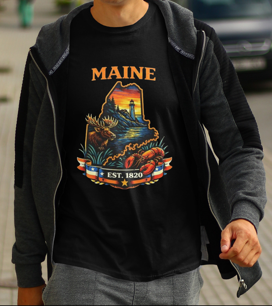 Maine Sunset Est 1820 Lighthouse Moose Lobster USA Landscape T-Shirt