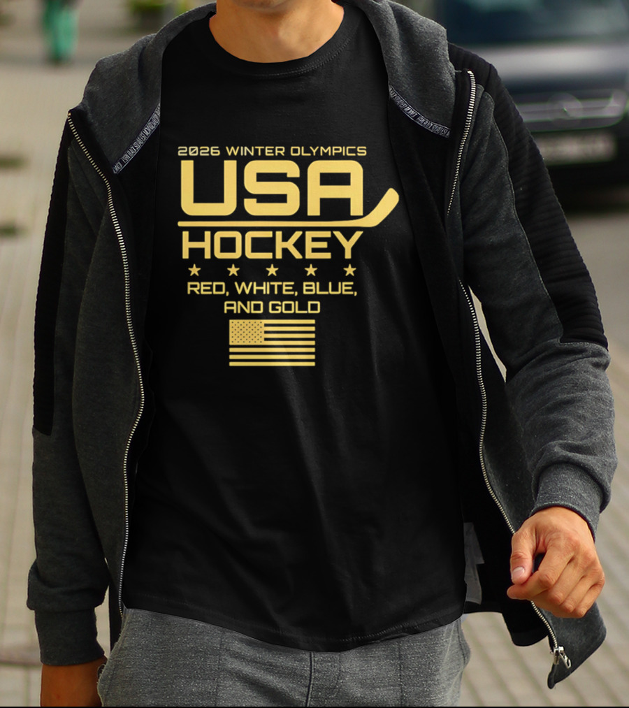 USA Hockey 2026 Winter Olympics Red White Blue Gold Flag T-Shirt